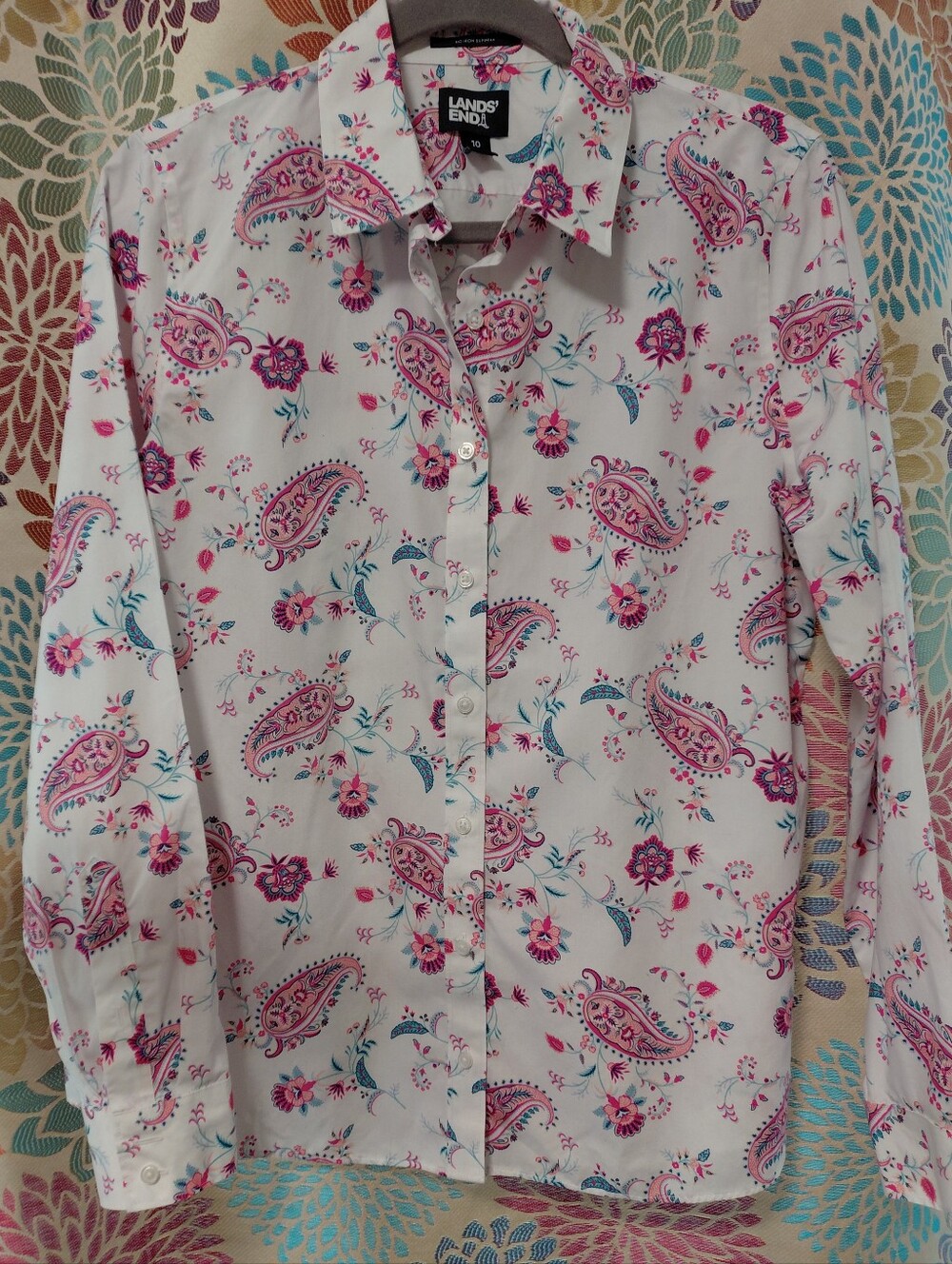 Lands' End White Cotton Floral Paisley Button-Up Shirt